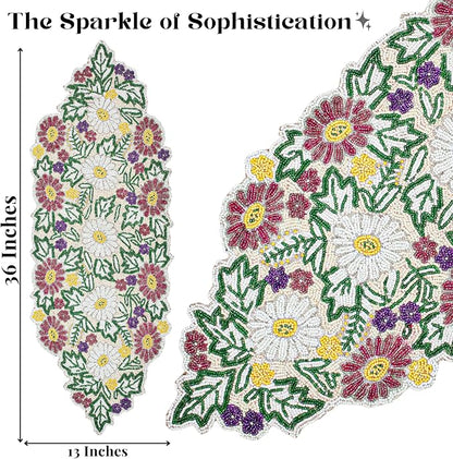 Spring Floral Beaded Table Runner, 13x36 | Glass beads, polyester backing - Image 4