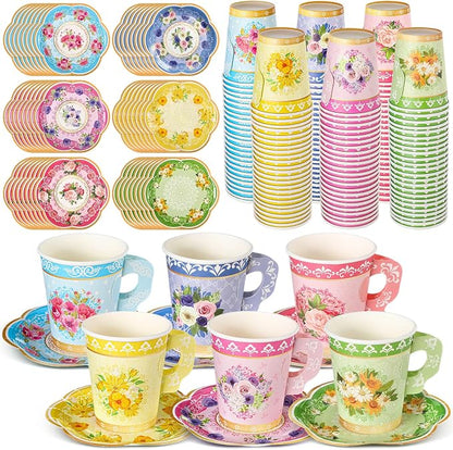 Nuogo 300 Pcs Floral Paper Tea Cups and Saucers 9 OZ Disposable Cups by Nuogo