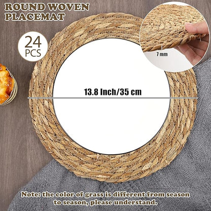 Kochorie Set of 24 Round Woven Placemats 13.8 Inches Bulrush Placemats Natural Hand-Woven Boho Rattan Placemats Wicker Table Mats Farmhouse Weave Place Mats for Home Dining Table