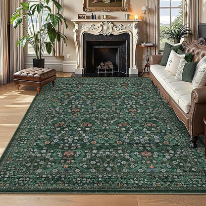 GarveeHome Washable Rug for Living Room, 8x10 Large Area Rug for Dining Room Under Table, Bedroom, Floral Soft Low Pile Non Slip Stain Resistant Carpet for Nursery, Playroom, Office, Dark Green
