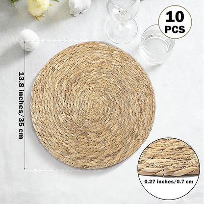 Elcoho 10 Pieces Round Woven Placemats 13.8 Inch Boho Rattan Placemats Farmhouse Braided Place Mats Woven Plate Chargers Rustic Wicker Table Mats for Dining Table