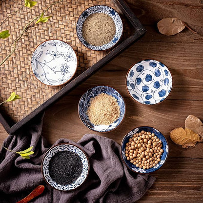 Japanese Style Ceramic Dipping Bowls,4'' Side Dishes Soy Sauce Dish for Sushi Dip,Snack,3 Oz Small Blue and White Pinch Bowl for Kitchen Prep - Set of 6 (4 inch)