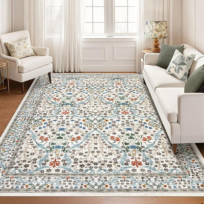 GarveeHome Floral Area Rugs 5x7, Washable Rug for Living Room, Bedroom, Low Pile Non Slip Stain Resistance Indoor Boho Carpet Mat for Farmhouse, Dining Room, Office, Beige