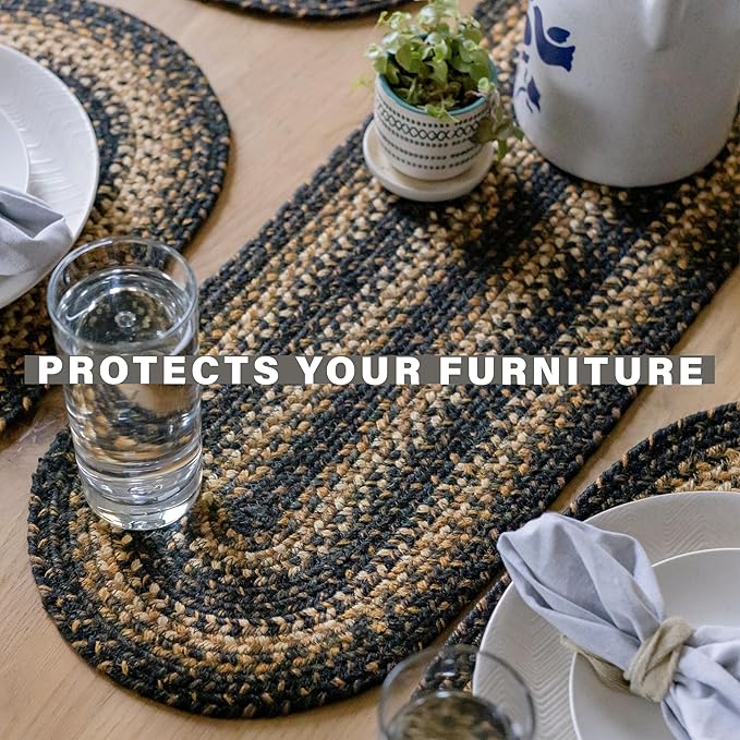 Homespice Kilimanjaro Braided Oval Table Runner, Warm Primitive Decor, Black and Brown 11x36 - Jute Dining Table Accessories - Rich Colors, Easy to Clean, Durable and Protects Furniture