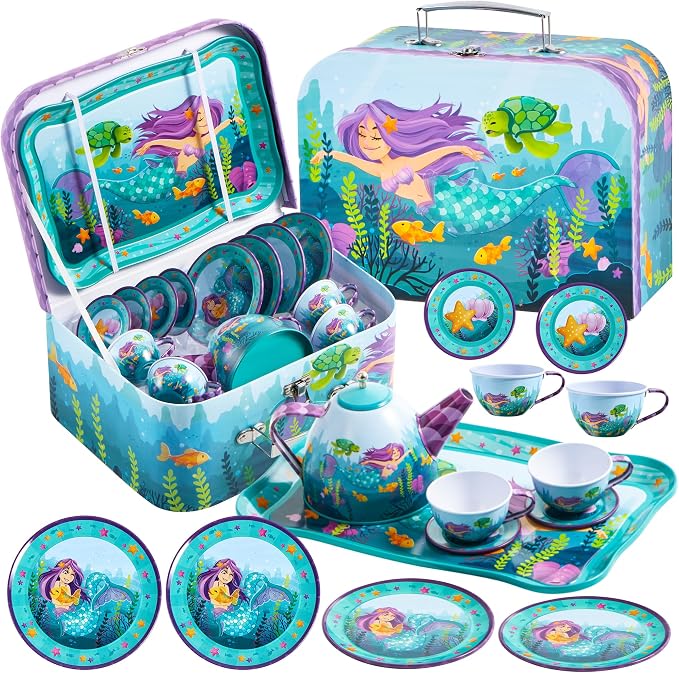 JOYIN Mermaid Tea Party Set for Little Girls, Pretend Tin Teapot Set, Princess by JOYIN