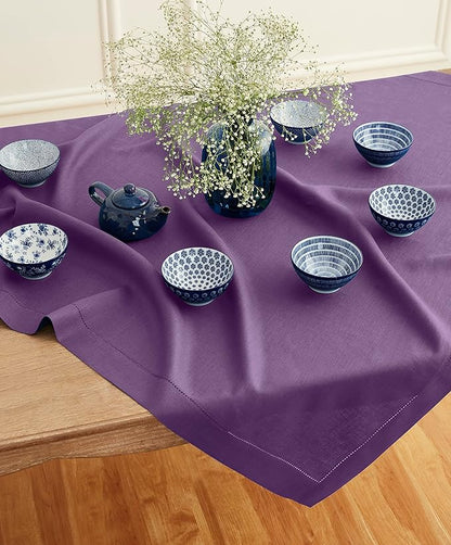 Solino Home Square Linen Tablecloth 52 x 52 Inch - 100% Pure Linen Purple Table Throw - Classic Hemstitch, Machine Washable Table Cloth for Valentines, Spring, Easter