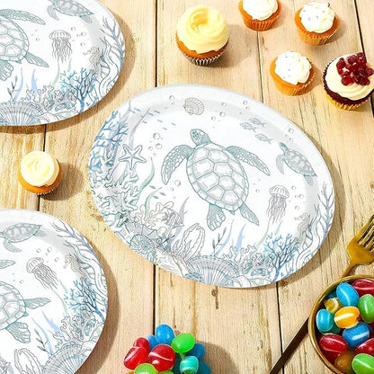 50 Pcs Coastal Turtle Oval Paper Plates 10" x 12" Large Heavy Duty Disposable Ocean Green Sea Turtles Plates Coral Starfish Platters for Coastal Summer Birthday Picnic Party Decorations