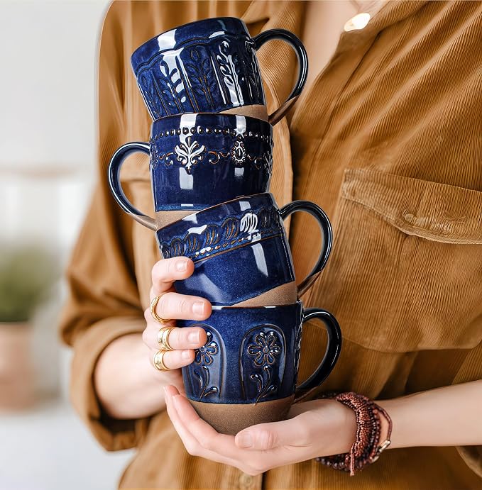 Artena Ceramic Coffee Mugs Set of 4, 16oz Embossed Large Latte Mugs Coffee Cups - Image 6