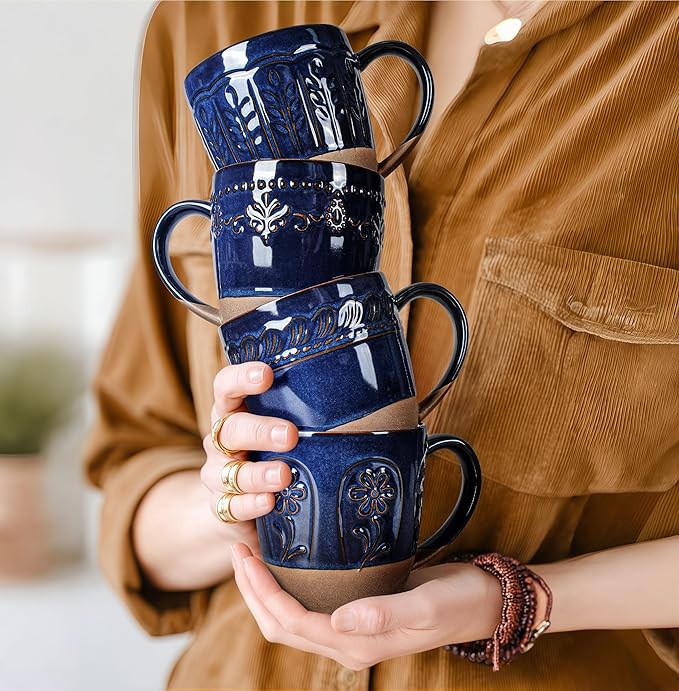 Artena Ceramic Coffee Mugs Set of 4, 16oz Embossed Large Latte Mugs Coffee Cups - Image 6