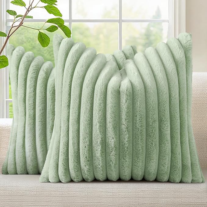 decorUhome Cozy Faux Fur Throw Pillow Covers 24x24 Set of 2 Decorative Soft Plush Striped Modern Farmhouse Boho Couch Euro Sham Pillow Cases with Velvet Back for Sofa Bed Living Room, Sage Green
