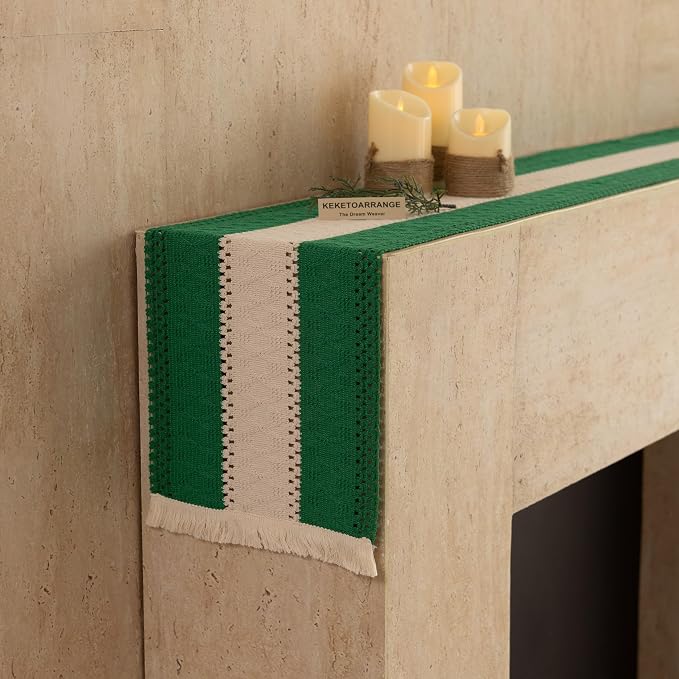Keketoarrange Christmas Green Boho Table Runner 12x36 Inch | Woven Burlap - Image 8