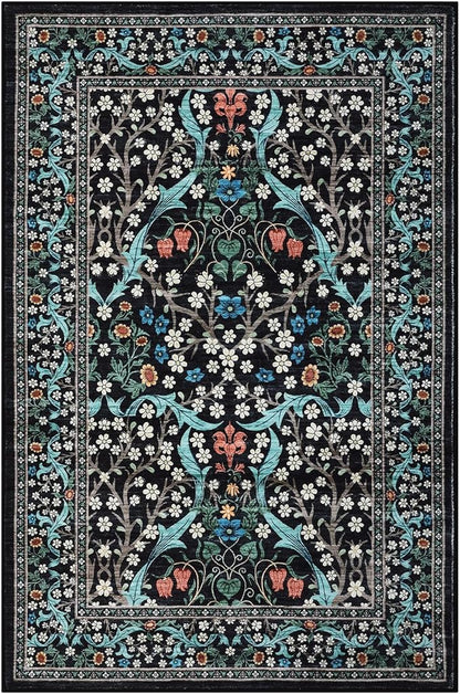 GarveeHome Floral Entryway Rug, 2x3 Washable Front Door Entry Throw Rugs Indoor, Non Slip Bathroom Small Rugs, Boho Thin Rug for Kitchen, Soft Carpet Mat for Bedroom Bathroom, Black
