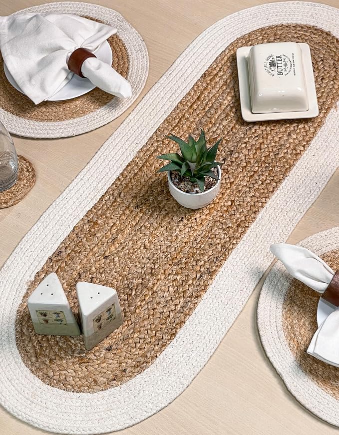 Verona Oval Woven Jute & Cotton Braided Table Runner, Size -13 x 36 Inches - Image 3