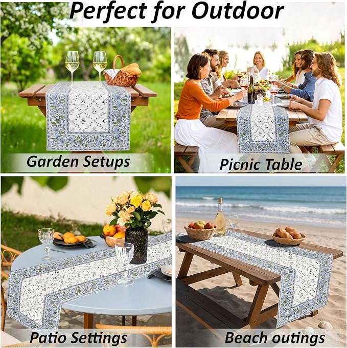 Powder and Pigeon Blue Hand Block Print 100% Cotton Reusable Table Runner 16" X - Image 6