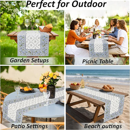 Powder and Pigeon Blue Hand Block Print 100% Cotton Reusable Table Runner 16" X - Image 6