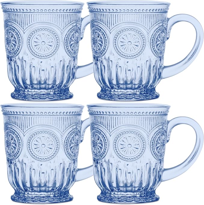 Blue Glass Mugs Set of 4, 10oz Coffee Cups or Vintage Tea Cups, Aesthetic Blue by Yungala