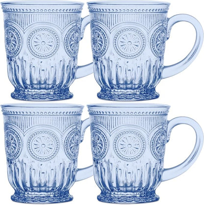 Blue Glass Mugs Set of 4, 10oz Coffee Cups or Vintage Tea Cups, Aesthetic Blue by Yungala