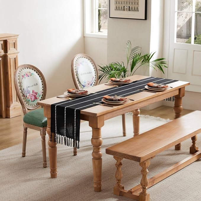 Braided Farmhouse Table Runner, Braided Black 13x108 Inch, Cotton Linen Table - Image 3