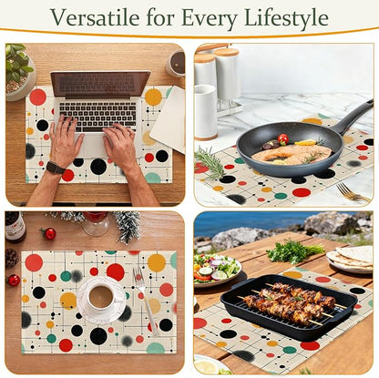 Mid Century Table Placemats Set of 6,Non-Slip Vintage Fabric Placemats for Dining Room Kitchen Party Holiday, Indoor Cloth Table Mats for Home Decor 11.8x17.7 Inch