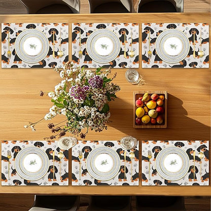 Dog Dachshund Placemats Set of 6, Grey Paws Waterproof Non-Slip Washable Table Mats for Kitchen Dining Holiday Party Wedding Decor 12x18 Inch