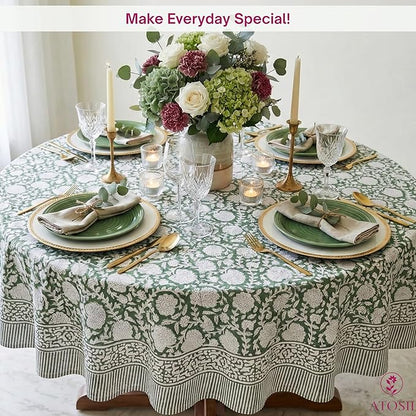 ATOSII Shalimar Green 100% Cotton Round Boho Fall Tablecloth, Handblock Floral Table Cloth Linen for Kitchen Dining I Parties Wedding Outdoors Christmas Thanksgiving I Fall Home Decor 60" Inches Round