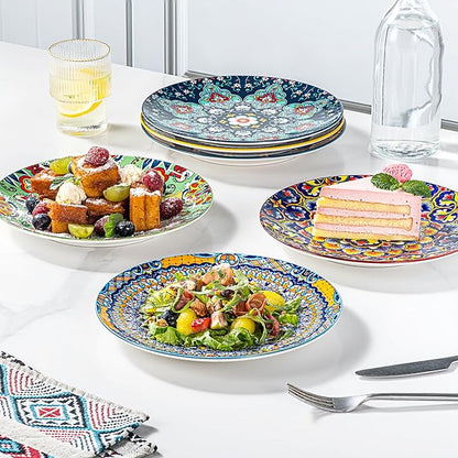 HENXFEN LEAD Ceramic Dessert, Salad Plates 8.5 Inch, Small Dinner Plate Set of 6- Serving Dishes for Thanksgiving & Christmas, Dishwasher & Microwave Safe - Bohemian Style