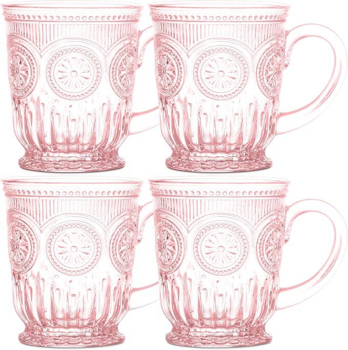 Pink Glass Coffee Mugs Set of 4 – 10oz Aesthetic Pink Glass Mug Set, Real by Yungala