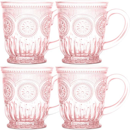 Pink Glass Coffee Mugs Set of 4 – 10oz Aesthetic Pink Glass Mug Set, Real by Yungala