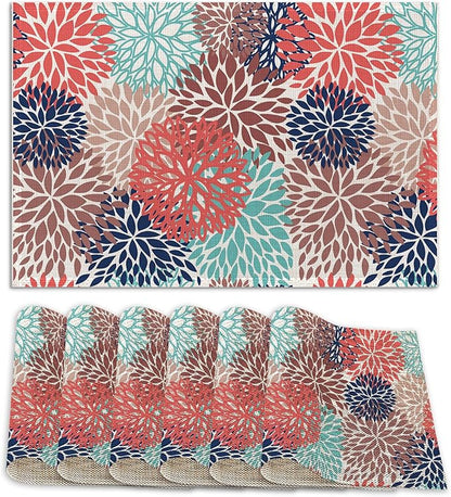 Pink Blue Dahlia Flower Place Mats Set of 6, Table Mats Heat Insulation Non Slip Washable Dining Placemats for Wedding Holiday Party Kitchen Decor 12X18 in