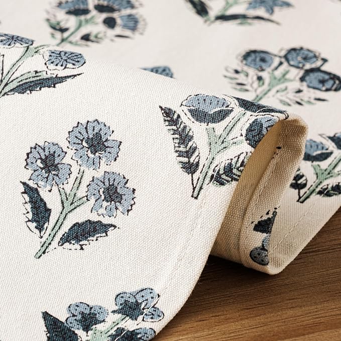 Block Print Floral Decorative Table Runners, 13x90 Inch Dusty Blue | 100% - Image 5