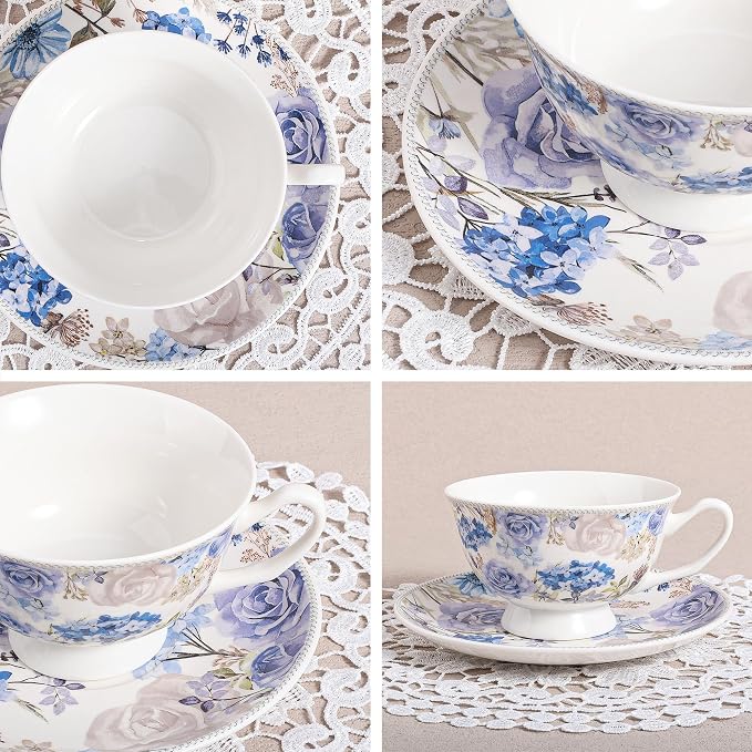 fanquare 6 oz Blue Rose and Hydrangea Porcelain Tea Cup and Saucer Set | - Image 2