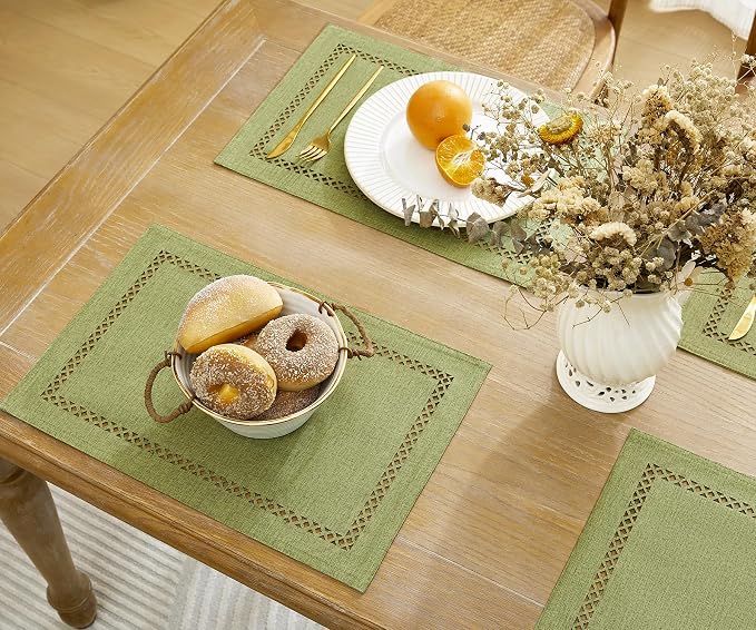 Farmhouse Burlap Hollow Placemats Set of 4, 12 x18 Inch Sage Green | Double - Image 3