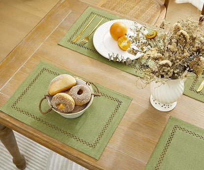 Farmhouse Burlap Hollow Placemats Set of 4, 12 x18 Inch Sage Green | Double - Image 3