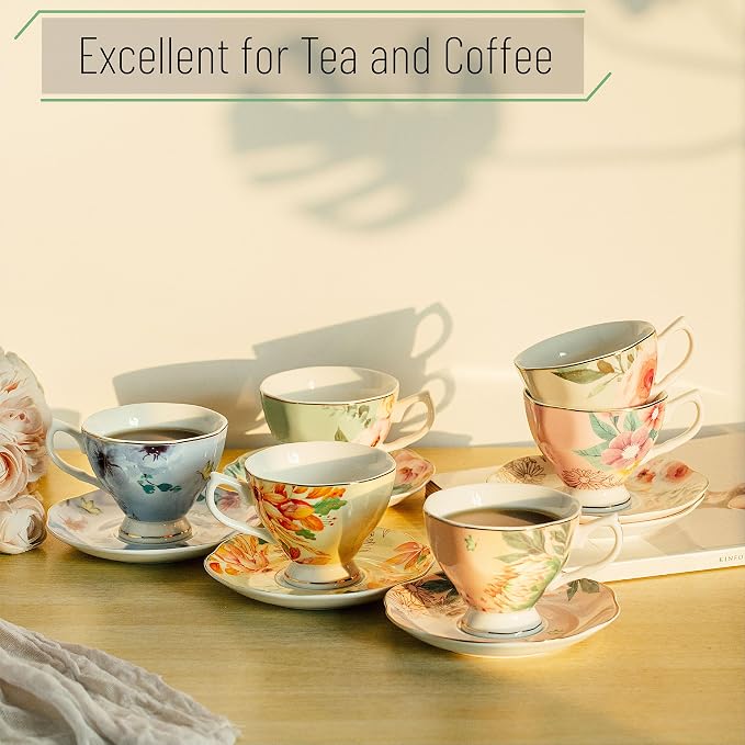 BTaT- Floral Tea Cups and Saucers, 6 Pack, 8 oz | Fine Porcelain Teacup Set - Image 5