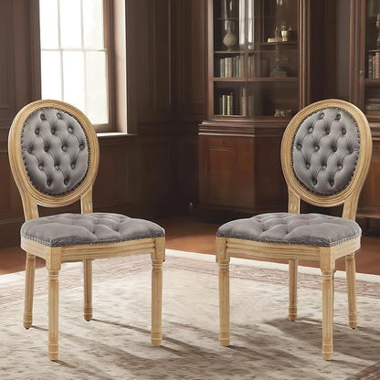 SoarFlash French Velvet Dining Chairs Set of 6, Vantage Dining Chair with Round Back, Wood Leg Farmhouse Country Dining Chair for Kitchen,Bedroom,Grey