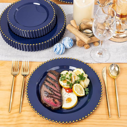 EI 60pcs Dark Blue Plastic Plates with Gold Rim Disposable,Blue Plastic Plates Disposable for Party,Heavy Duty 10" Dinner & 7" Dessert Plate Fancy Elegant Plate for Wedding,Birthday,Afternoon Tea