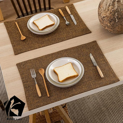 Kevin Textile Burlap Linen Placemats Set of 6 Heat Resistant Dining Table Place Mats Washable Kitchen Table Mats for Dinning Party Holiday Indoor Outdoor, 13 x19 inches, Hazel Brown