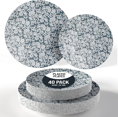 Trendables Disposable Dinnerware Decorative Plates Plastic Disposable Plates Set For 20 Guests 20 x 8 Inch Dessert Plate & 20 x 10 Inch Wedding Party Plate Set Garden Damask