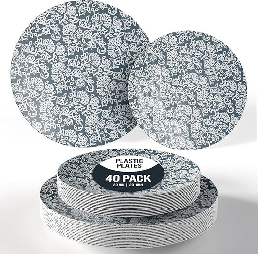 Trendables Disposable Dinnerware Decorative Plates Plastic Disposable Plates Set For 20 Guests 20 x 8 Inch Dessert Plate & 20 x 10 Inch Wedding Party Plate Set Garden Damask