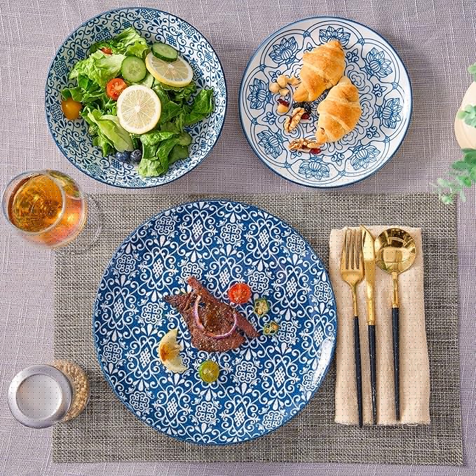 Bestone Porcelain Dinnerware Sets Service for 4, 12 pcs Hand drawn Plates and Bowls Sets, Handmade Ceramic Dish Set, Chip Resistant Modern Plate Set, Dishwasher/Microwave Safe，Vintage Blue
