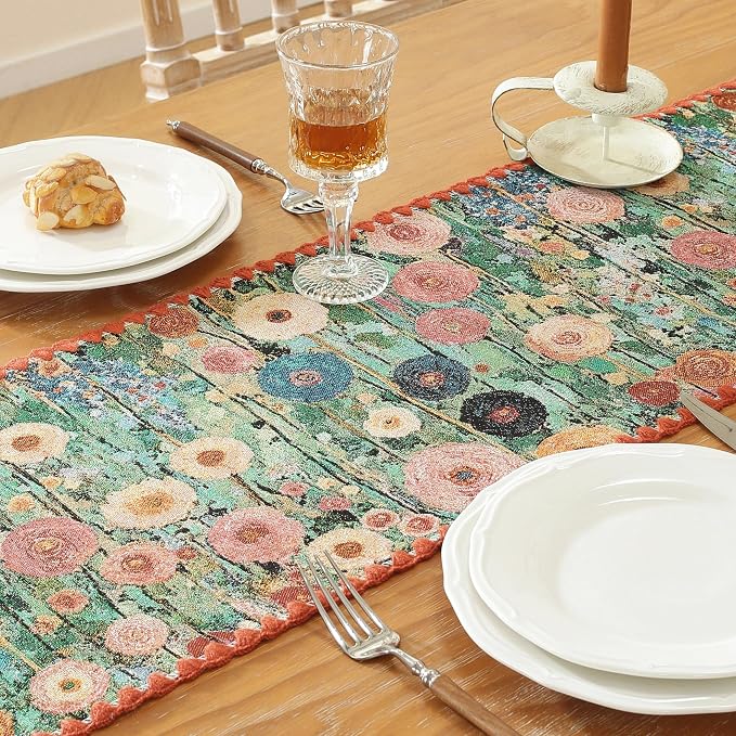 Monet Garden Style Peony Table Runner Terracotta 12 x 71 Inch | Floral Jacquard - Image 5