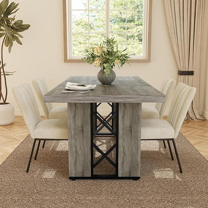 7-Piece Dining Table Set for 6 People, 70.8" MDF Kitchen Table with 6 Velvet Chairs, Space-Saving for Dining Room, Breakfast Nook(Grey Table+6 Beige Chairs)