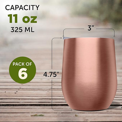 DISCOUNT PROMOS Stemless Wine Glass Tumblers with Lids by Largo 11 oz. Set of 6, Bulk Pack - Perfect for Wine, Cocktails, Other Hot & Cold Beverages - Rose Gold