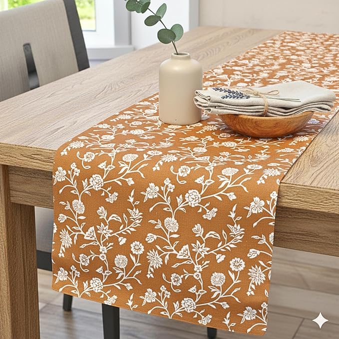 Floral Short Table Runner Rustic Style Cotton Cloth Coffee or Dining Table by OveeshaHomeDecor