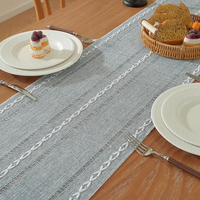 Boho Cotton Linen Blue Table Runner, Farmhouse Woven Table Runners Spring - Image 4