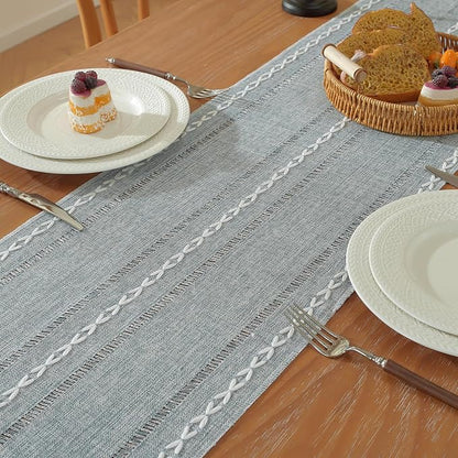 Boho Cotton Linen Blue Table Runner, Farmhouse Woven Table Runners Spring - Image 4