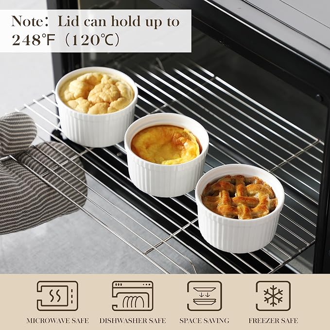 MALACASA 8 Oz Ramekins with Lids Set of 6, Porcelain Creme Brulee Cups | Oven - Image 4
