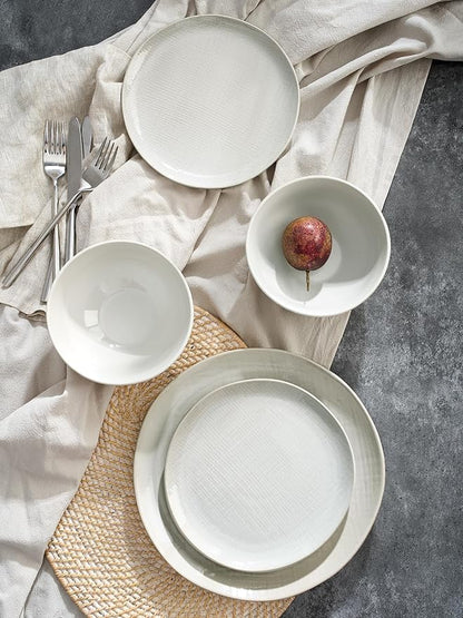 Famiware Moonlight Plates and Bowls Sets, 12 Pieces Stoneware Dinnerware Sets with Linen Finish, Handmade Dishware Set for 4, Microwave and Dishwasher Safe, Chip and Scratch Resistant, White