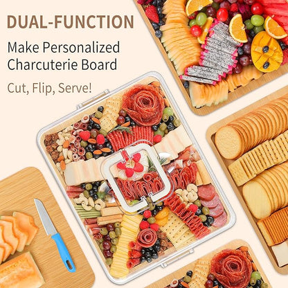 Portable Travel Charcuterie Board with Lid and Handle - Large Bamboo Cheese Board with 4 Cheese Knife Set for Outdoor, Picnics - Weddings, House Warming Gift for Women (1 Compartment, White)