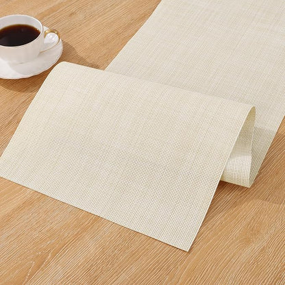 SHACOS Woven Vinyl Table Runner PVC Table Runners 12 x 54 inch Wipeable Plastic Heat Resistant Runner for Table Indoor Outdoor, Beige White